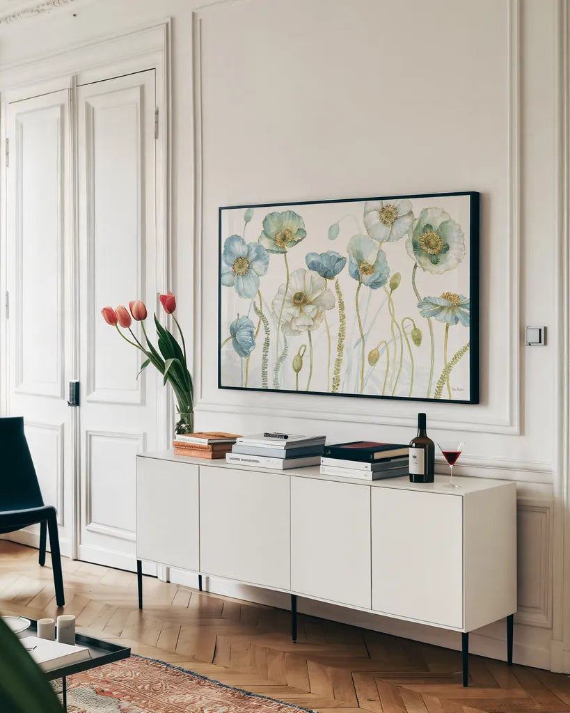 My Greenhouse Flowers I by Lisa Audit. shown as a framed stretched canvas in a living room above a console. Available as a archival giclee rolled canvas, fine art paper, or poster print. SKU 20391i.