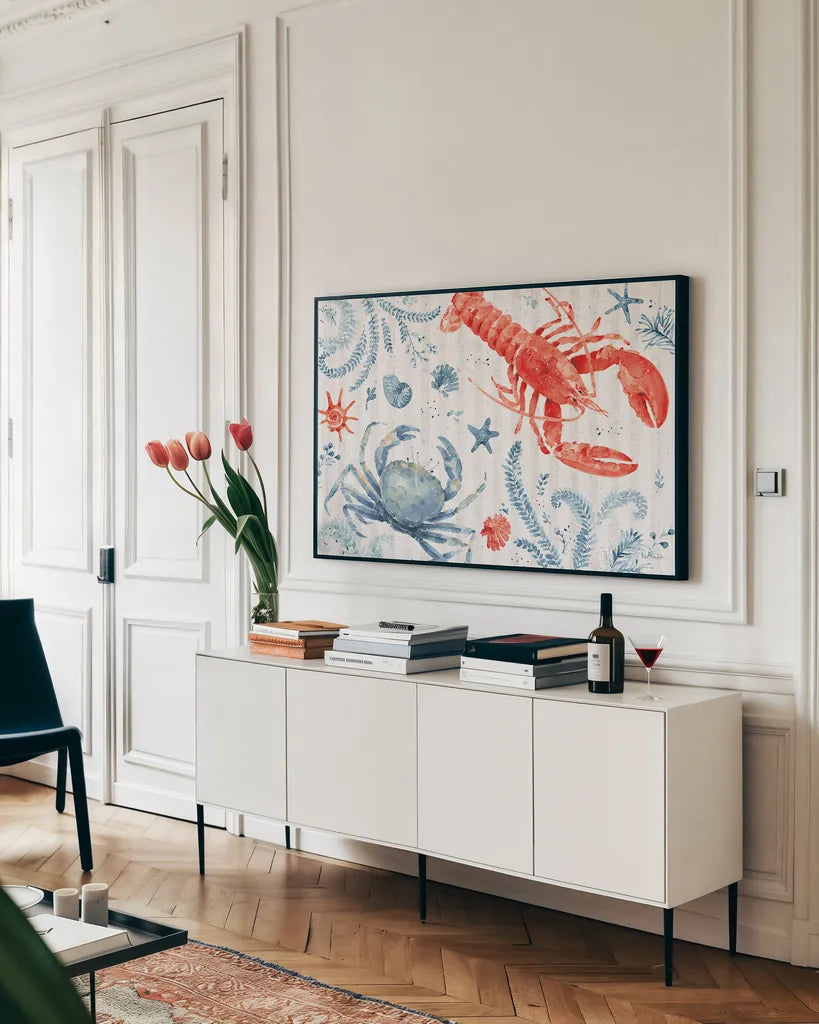 Nautical Life VIII by Lisa Audit. shown as a framed stretched canvas in a living room above a console. Available as a archival giclee rolled canvas, fine art paper, or poster print. SKU 46523i.