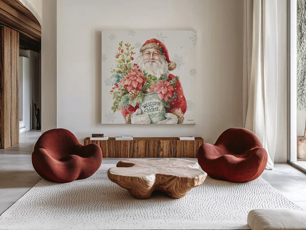Our Christmas Story II by Lisa Audit. Shown as extra-large giant wall art in a modern living room. Available as an archival giclee rolled canvas, fine art paper, or poster print. SKU 47731a.