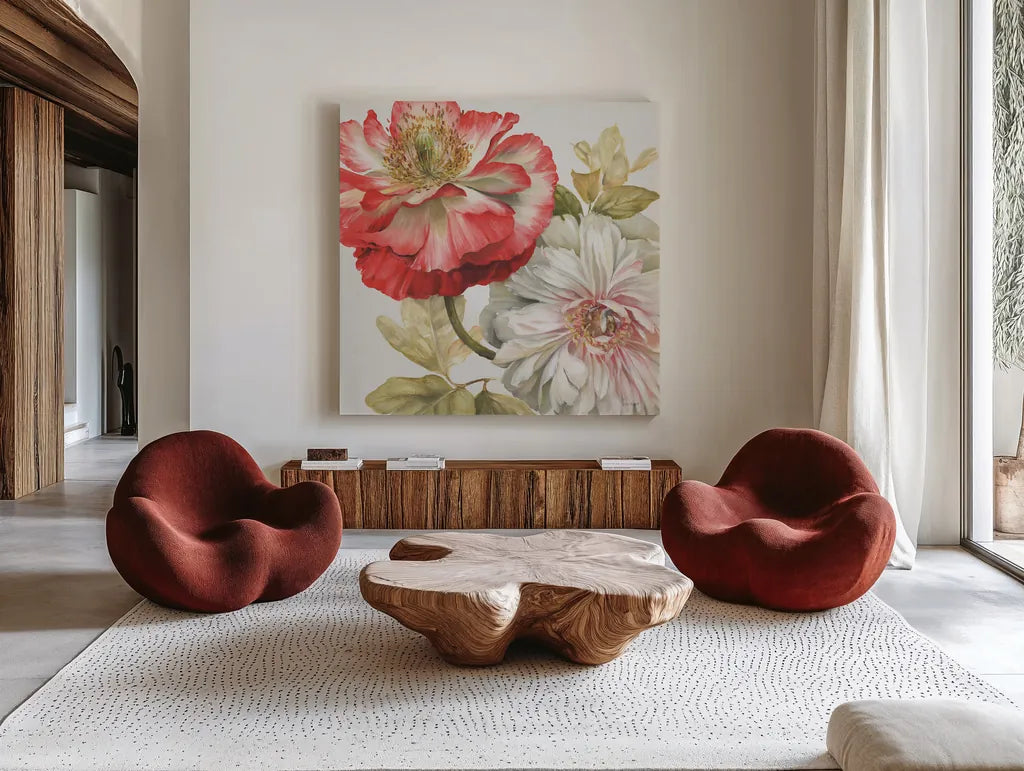 Romantic Afternoon Light Square I by Lisa Audit. Shown as extra-large giant wall art in a modern living room. Available as an archival giclee rolled canvas, fine art paper, or poster print. SKU 16909a.
