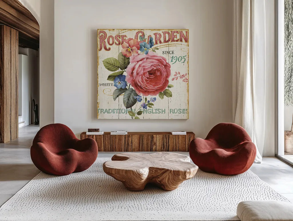 Rose Garden I by Lisa Audit. Shown as extra-large giant wall art in a modern living room. Available as an archival giclee rolled canvas, fine art paper, or poster print. SKU 10711a.
