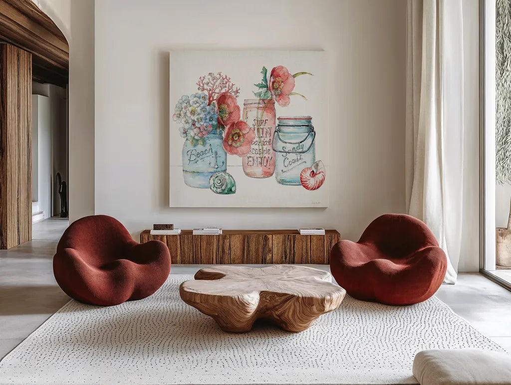 Sea Finds VII by Lisa Audit. Shown as extra-large giant wall art in a modern living room. Available as an archival giclee rolled canvas, fine art paper, or poster print. SKU 20817a.