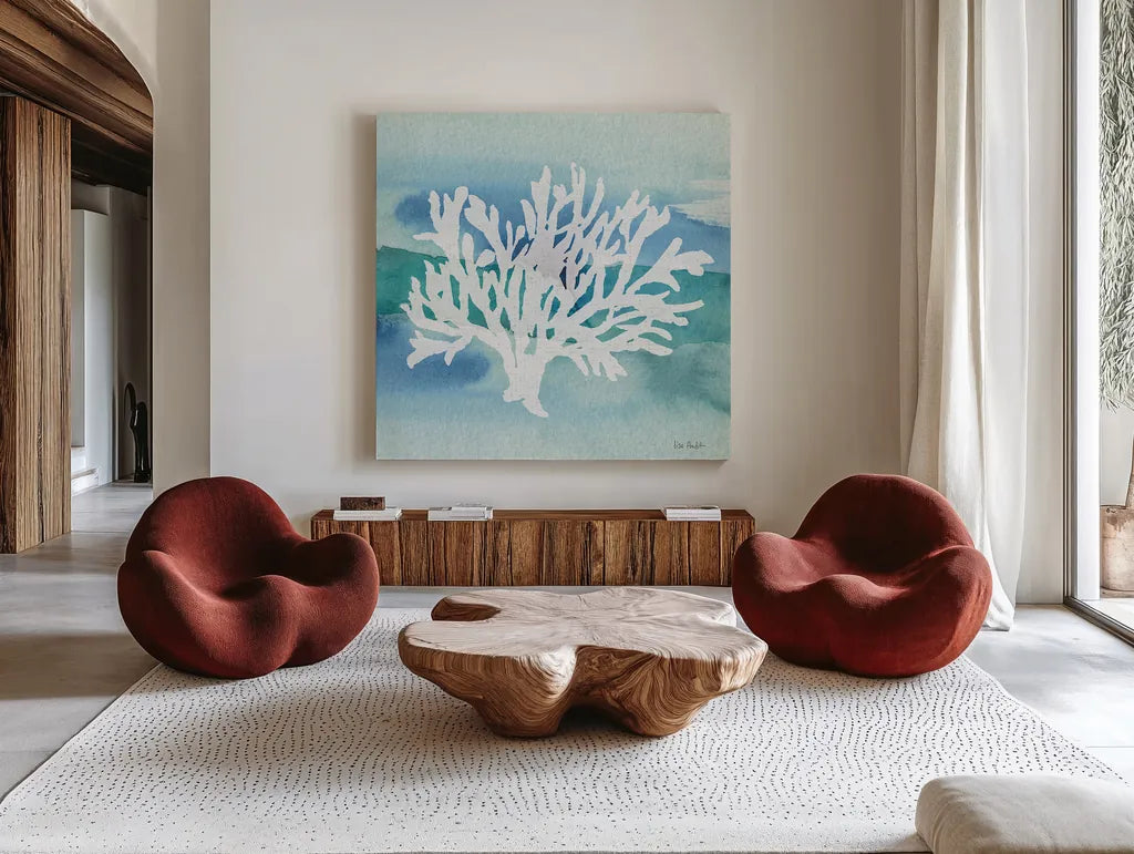 Sea Life Coral II by Lisa Audit. Shown as extra-large giant wall art in a modern living room. Available as an archival giclee rolled canvas, fine art paper, or poster print. SKU 16813a.