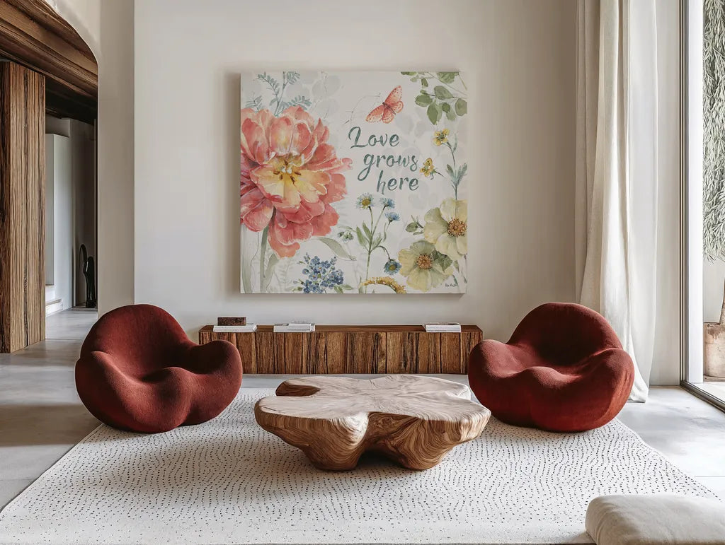Spring Meadow IX by Lisa Audit. Shown as extra-large giant wall art in a modern living room. Available as an archival giclee rolled canvas, fine art paper, or poster print. SKU 51768a.