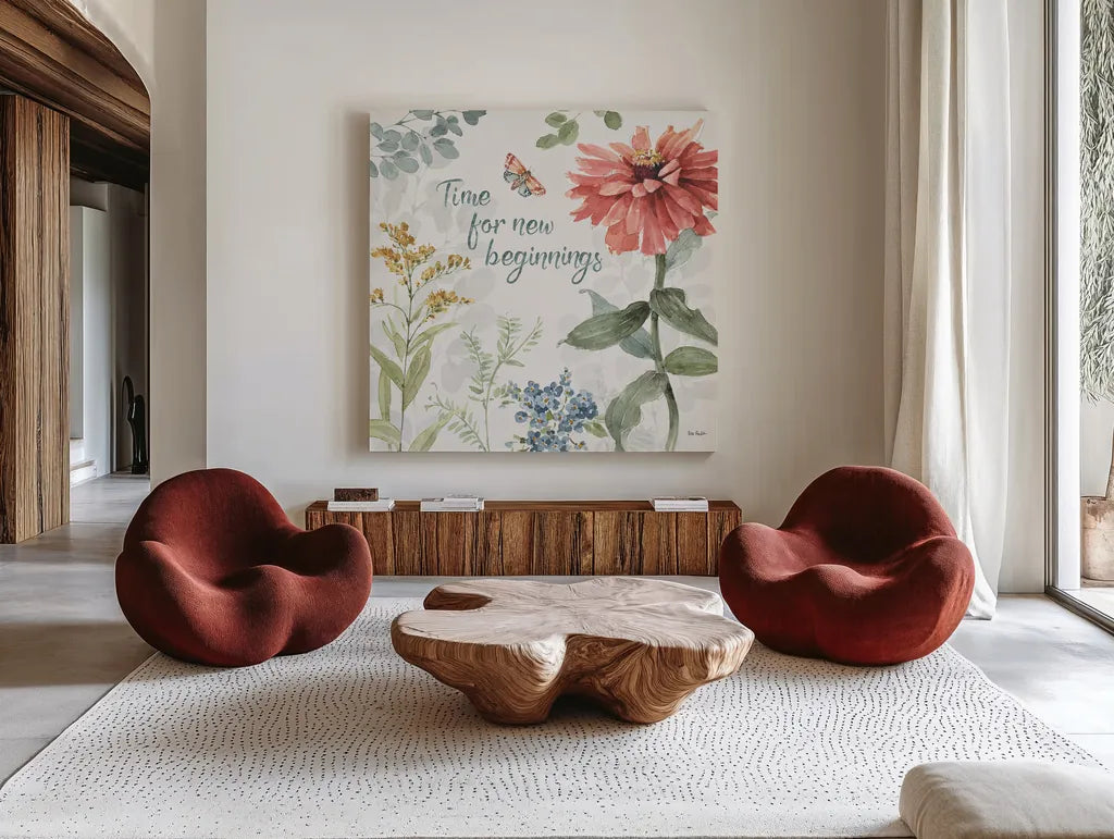 Spring Meadow XII by Lisa Audit. Shown as extra-large giant wall art in a modern living room. Available as an archival giclee rolled canvas, fine art paper, or poster print. SKU 51771a.