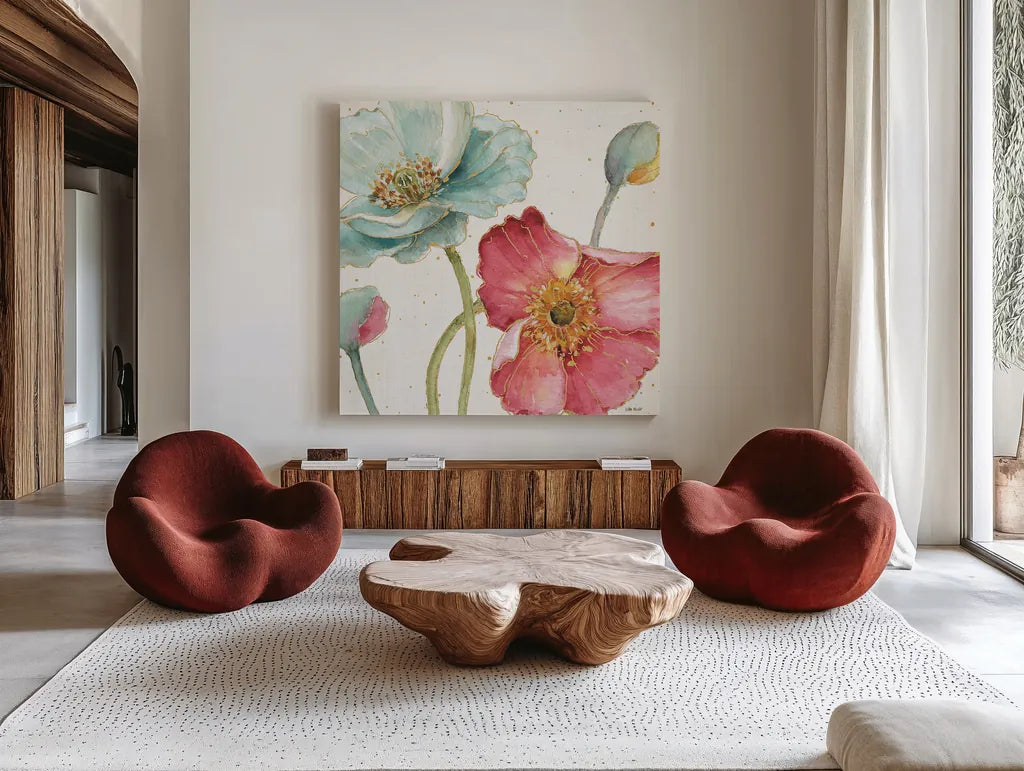 Spring Softies II by Lisa Audit. Shown as extra-large giant wall art in a modern living room. Available as an archival giclee rolled canvas, fine art paper, or poster print. SKU 25956a.