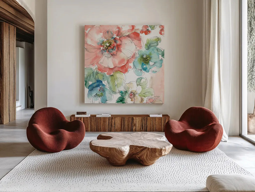 Summer Bloom II by Lisa Audit. Shown as extra-large giant wall art in a modern living room. Available as an archival giclee rolled canvas, fine art paper, or poster print. SKU 16816a.