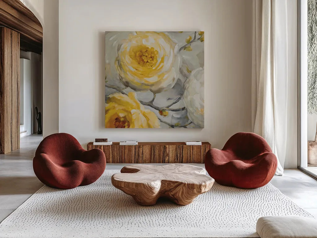 Sunshine XI by Lisa Audit. Shown as extra-large giant wall art in a modern living room. Available as an archival giclee rolled canvas, fine art paper, or poster print. SKU 34836a.