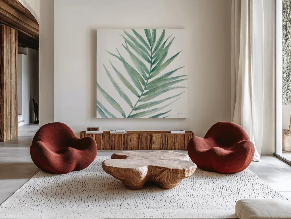 Tropical Blush IX BG by Lisa Audit. Shown as extra-large giant wall art in a modern living room. Available as an archival giclee rolled canvas, fine art paper, or poster print. SKU 56373a.