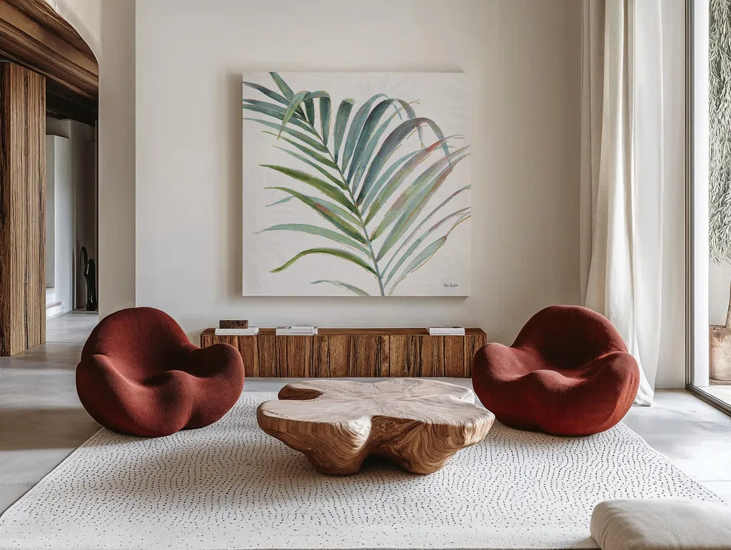 Tropical Blush V by Lisa Audit. Shown as extra-large giant wall art in a modern living room. Available as an archival giclee rolled canvas, fine art paper, or poster print. SKU 29010a.