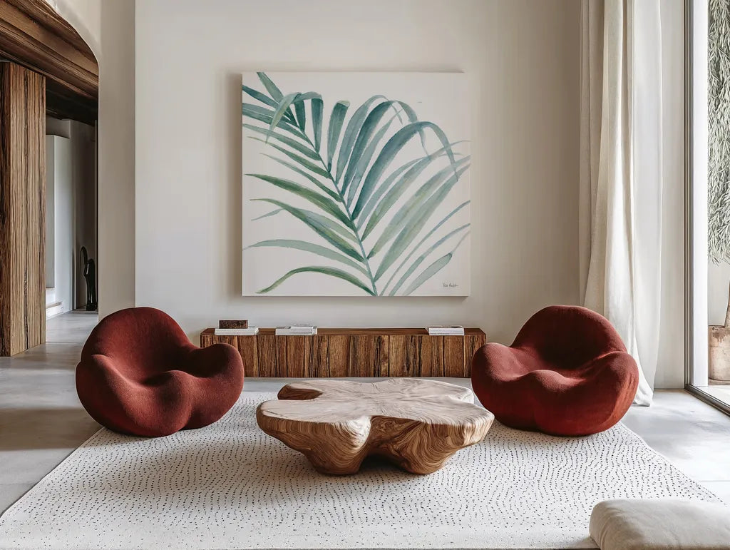 Tropical Blush V BG by Lisa Audit. Shown as extra-large giant wall art in a modern living room. Available as an archival giclee rolled canvas, fine art paper, or poster print. SKU 56372a.