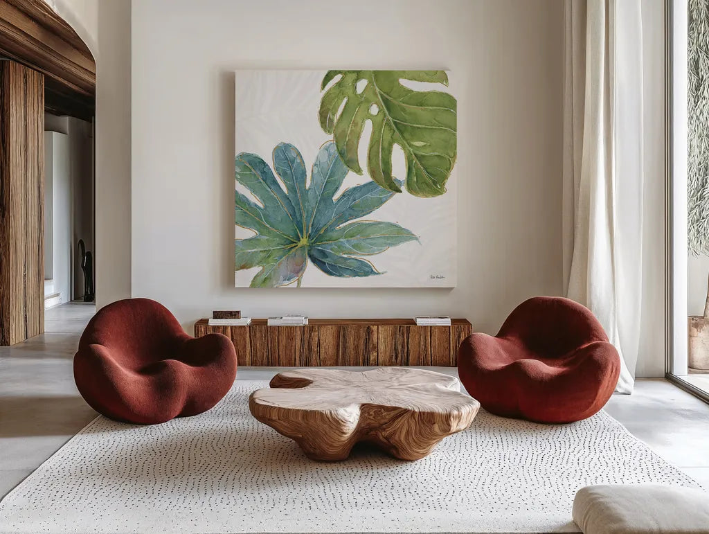 Tropical Blush VII by Lisa Audit. Shown as extra-large giant wall art in a modern living room. Available as an archival giclee rolled canvas, fine art paper, or poster print. SKU 29012a.