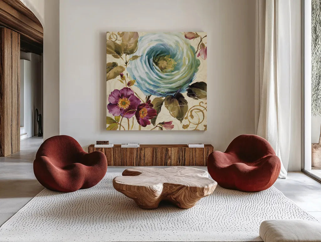 Victorias Dream I by Lisa Audit. Shown as extra-large giant wall art in a modern living room. Available as an archival giclee rolled canvas, fine art paper, or poster print. SKU 9412a.
