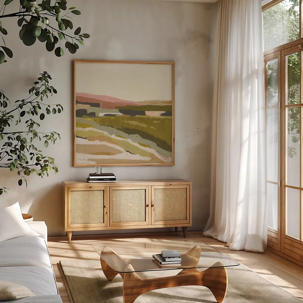 Petit View I by Mackenzie Nelson. Shown in a natural wood frame in a cozy modern living room. Available as an archival giclee rolled canvas, fine art paper, or poster print. SKU 102587a.