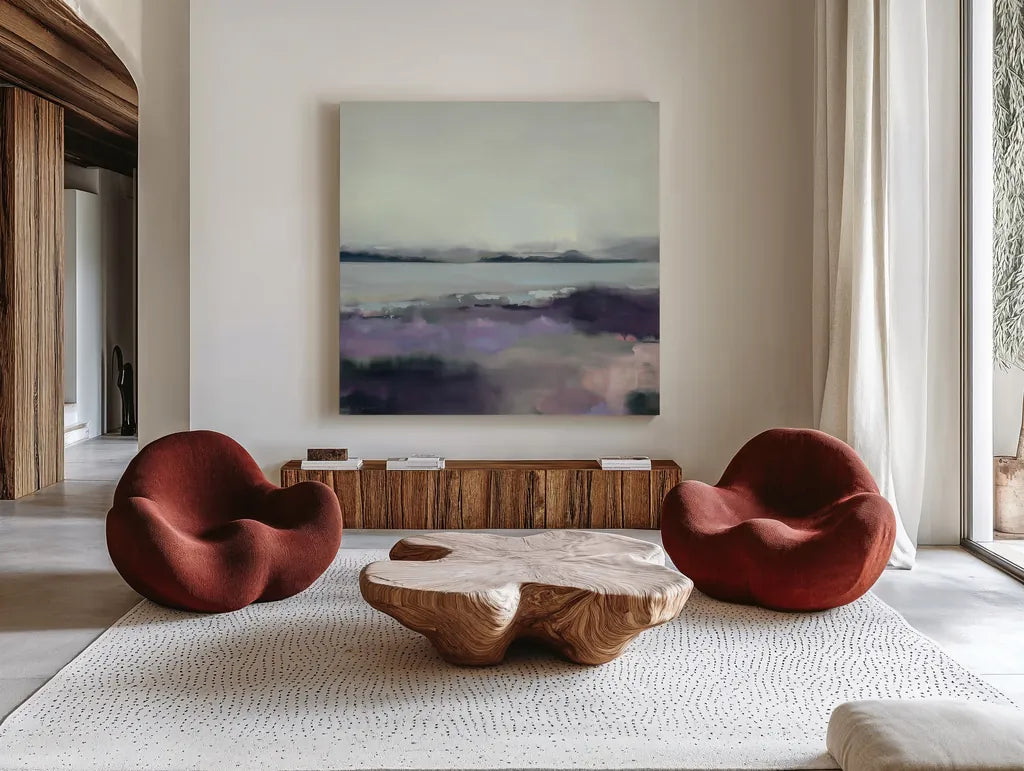 Lupine by Maggie Sackmann. Shown as extra-large giant wall art in a modern living room. Available as an archival giclee rolled canvas, fine art paper, or poster print. SKU 101899a.