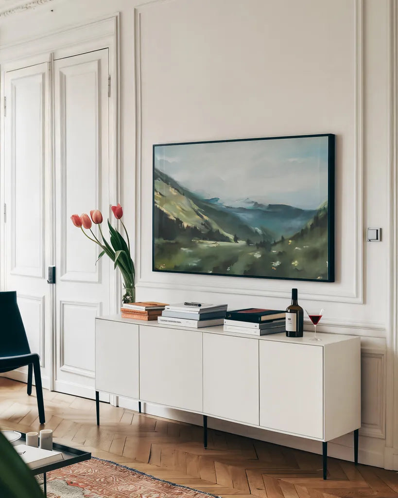 Mountain View by Maggie Sackmann. shown as a framed stretched canvas in a living room above a console. Available as a archival giclee rolled canvas, fine art paper, or poster print. SKU 101904i.