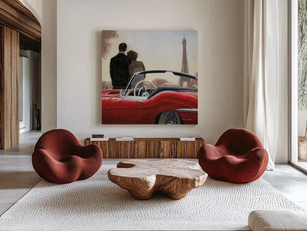 A Ride in Paris I Crop by Marco Fabiano. Shown as extra-large giant wall art in a modern living room. Available as an archival giclee rolled canvas, fine art paper, or poster print. SKU 14899a.