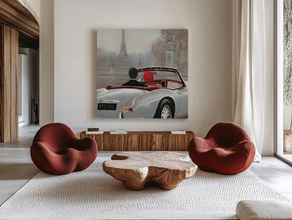 A Ride in Paris II Crop by Marco Fabiano. Shown as extra-large giant wall art in a modern living room. Available as an archival giclee rolled canvas, fine art paper, or poster print. SKU 14900a.