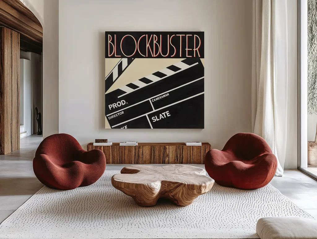 Blockbuster by Marco Fabiano. Shown as extra-large giant wall art in a modern living room. Available as an archival giclee rolled canvas, fine art paper, or poster print. SKU 12598a.