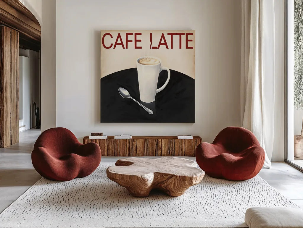 Cafe Moderne I by Marco Fabiano. Shown as extra-large giant wall art in a modern living room. Available as an archival giclee rolled canvas, fine art paper, or poster print. SKU 10657a.