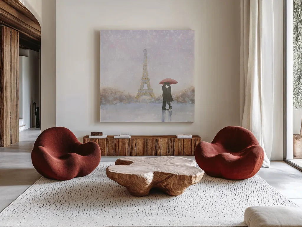 Eiffel Romance by Marco Fabiano. Shown as extra-large giant wall art in a modern living room. Available as an archival giclee rolled canvas, fine art paper, or poster print. SKU 22351a.