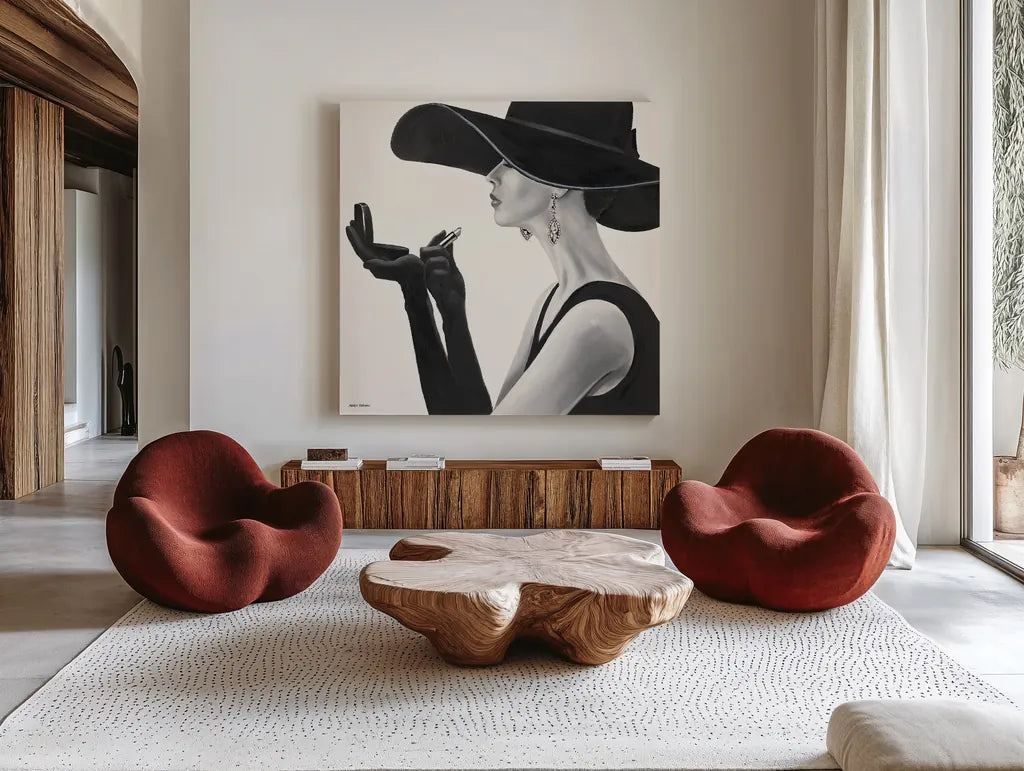 Haute Chapeau II by Marco Fabiano. Shown as extra-large giant wall art in a modern living room. Available as an archival giclee rolled canvas, fine art paper, or poster print. SKU 15642a.