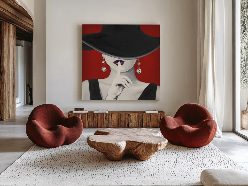 Haute Chapeau Purple Lips I by Marco Fabiano. Shown as extra-large giant wall art in a modern living room. Available as an archival giclee rolled canvas, fine art paper, or poster print. SKU 15640a.