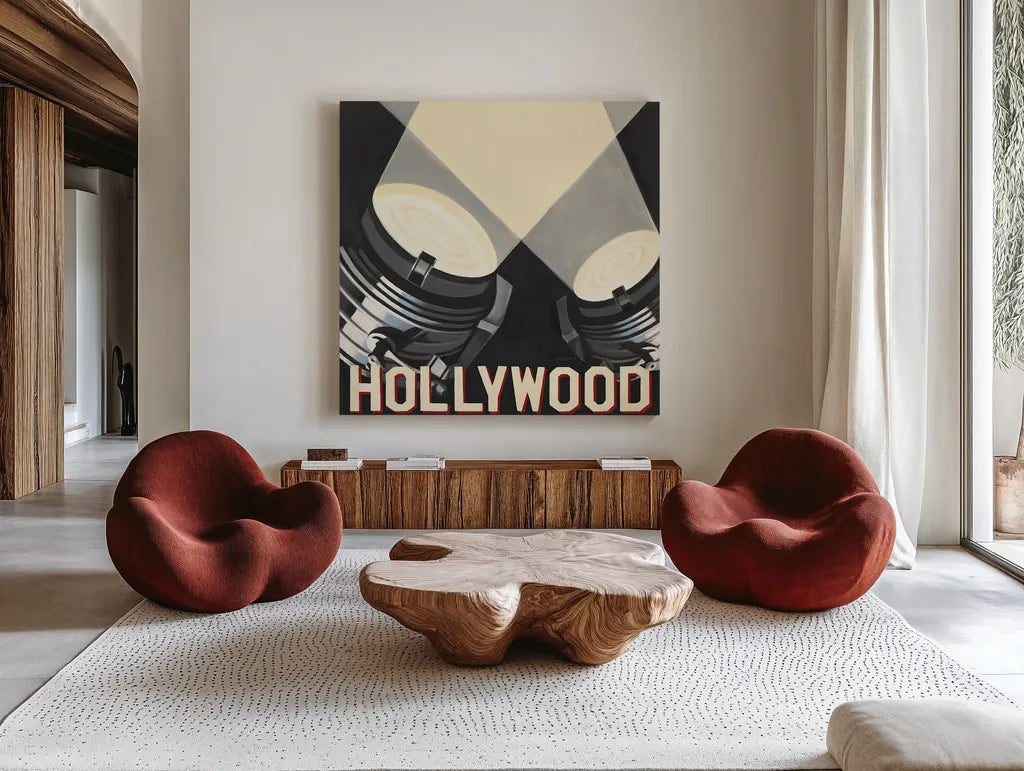 Hollywood by Marco Fabiano. Shown as extra-large giant wall art in a modern living room. Available as an archival giclee rolled canvas, fine art paper, or poster print. SKU 12600a.