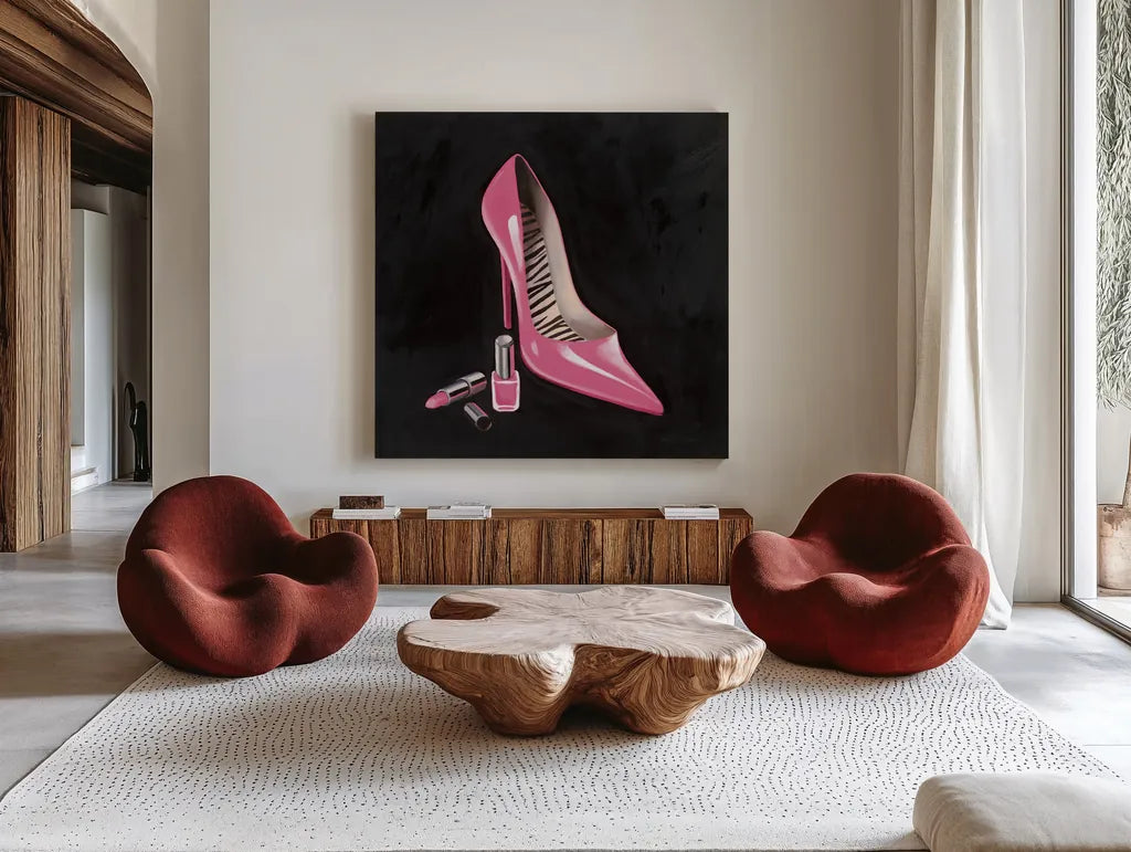 The Pink Shoe I Crop by Marco Fabiano. Shown as extra-large giant wall art in a modern living room. Available as an archival giclee rolled canvas, fine art paper, or poster print. SKU 59164a.