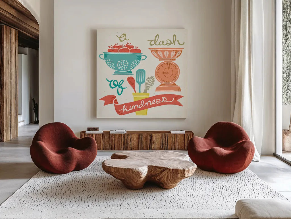 A Dash of Kindness by Mary Urban. Shown as extra-large giant wall art in a modern living room. Available as an archival giclee rolled canvas, fine art paper, or poster print. SKU 25575a.