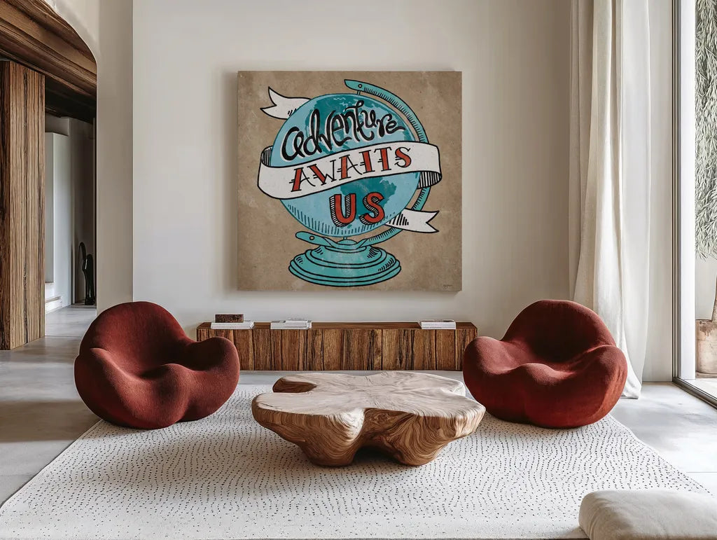 Adventure Love Globe Taupe by Mary Urban. Shown as extra-large giant wall art in a modern living room. Available as an archival giclee rolled canvas, fine art paper, or poster print. SKU 20853a.