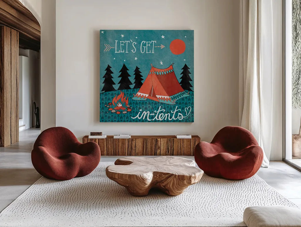 Adventure Love Tent by Mary Urban. Shown as extra-large giant wall art in a modern living room. Available as an archival giclee rolled canvas, fine art paper, or poster print. SKU 30520a.