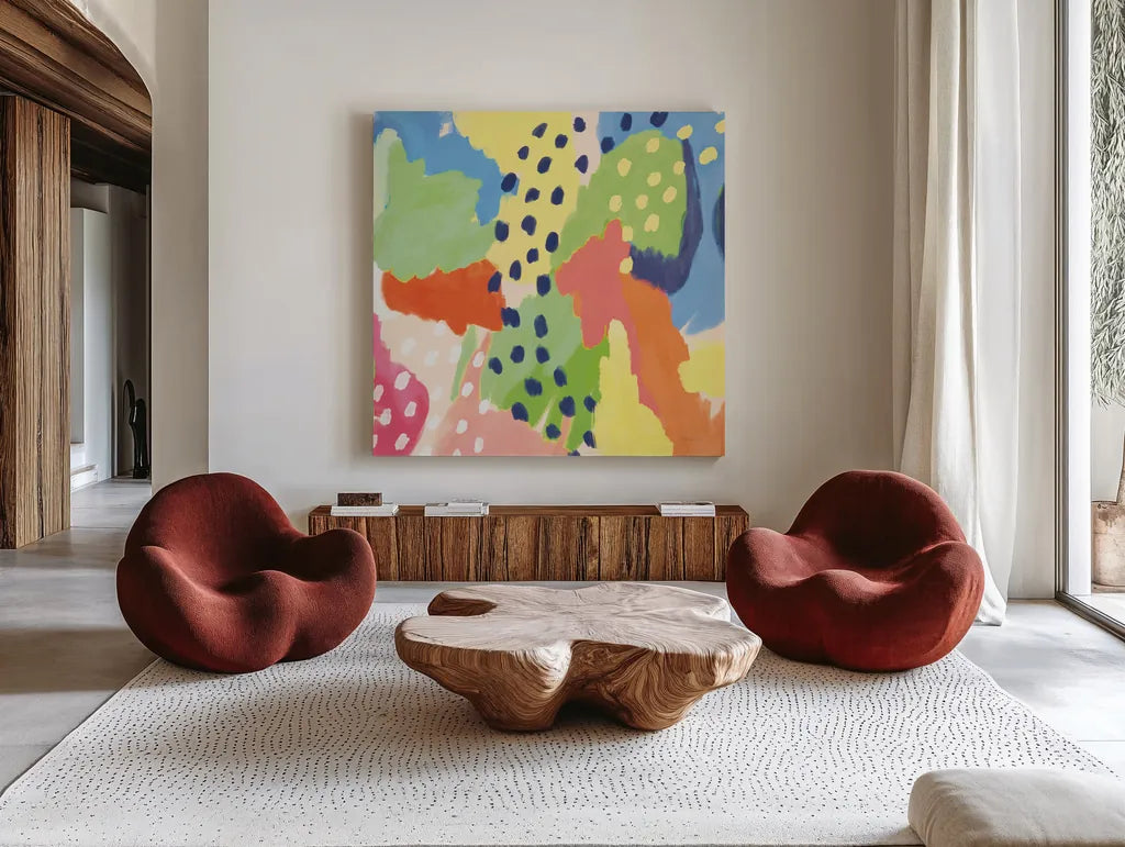 Bright Life I Blue Green Crop by Mary Urban. Shown as extra-large giant wall art in a modern living room. Available as an archival giclee rolled canvas, fine art paper, or poster print. SKU 52117a.