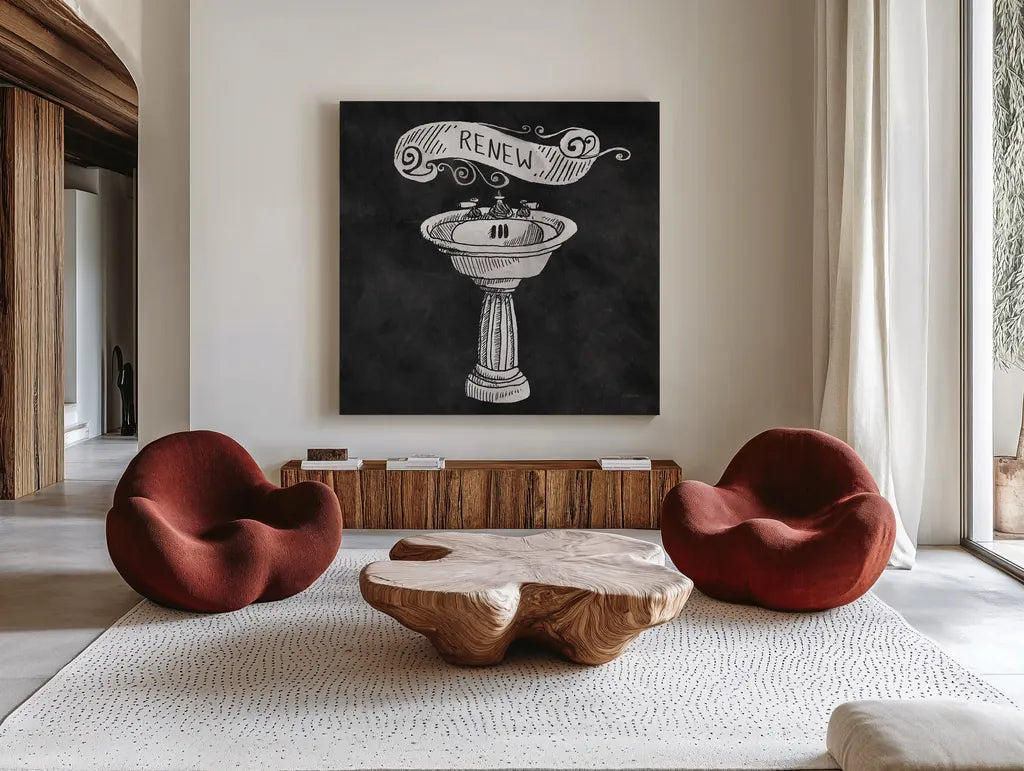 Chalkboard Bath Renew by Mary Urban. Shown as extra-large giant wall art in a modern living room. Available as an archival giclee rolled canvas, fine art paper, or poster print. SKU 15957a.
