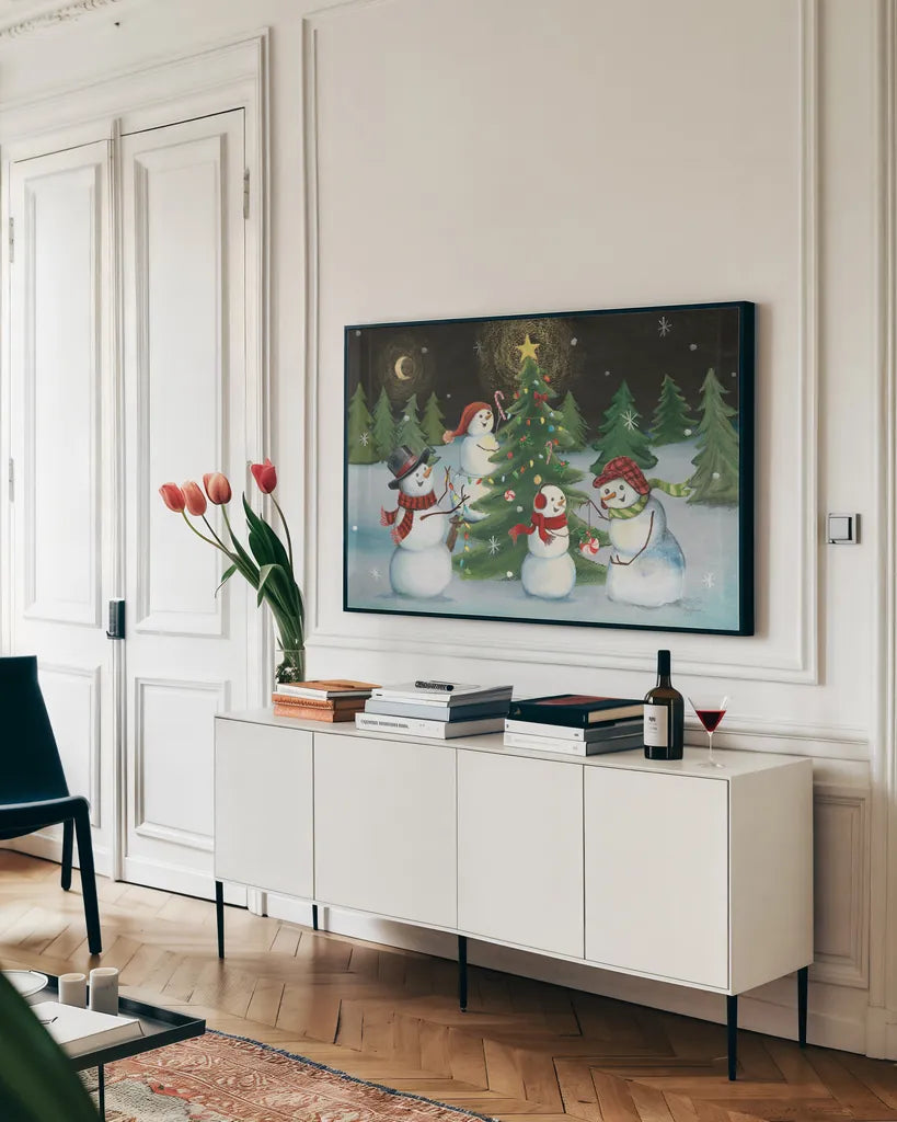 Christmas on Wheels V by Mary Urban. shown as a framed stretched canvas in a living room above a console. Available as a archival giclee rolled canvas, fine art paper, or poster print. SKU 54716i.