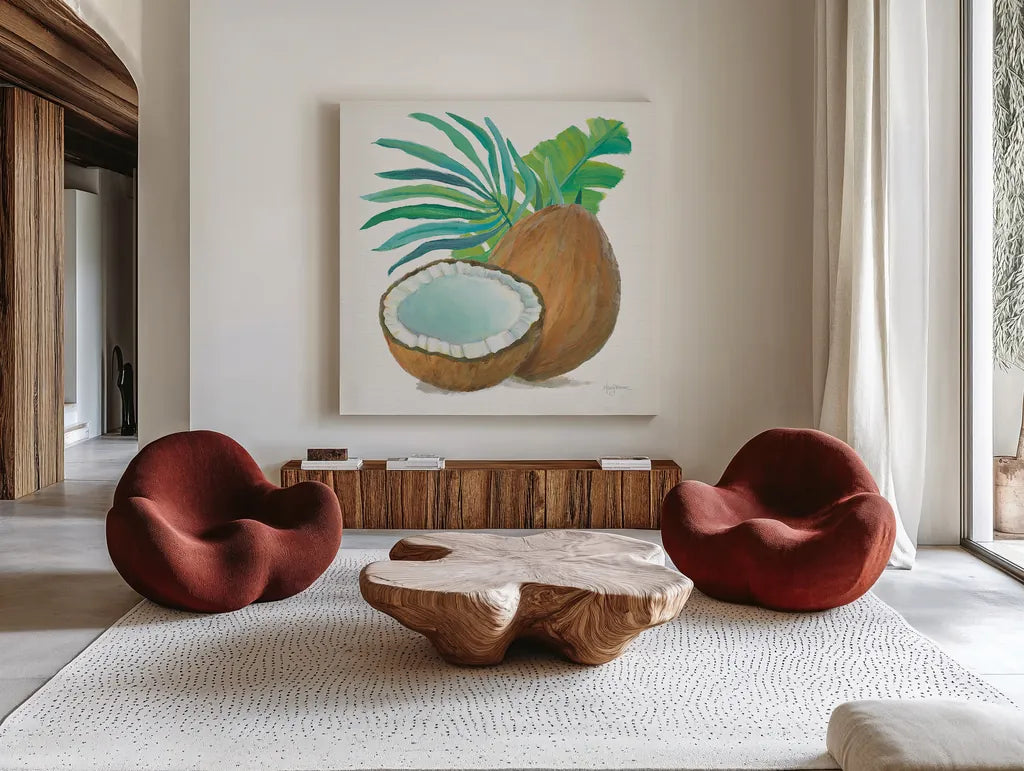 Coconut Palm III by Mary Urban. Shown as extra-large giant wall art in a modern living room. Available as an archival giclee rolled canvas, fine art paper, or poster print. SKU 31638a.