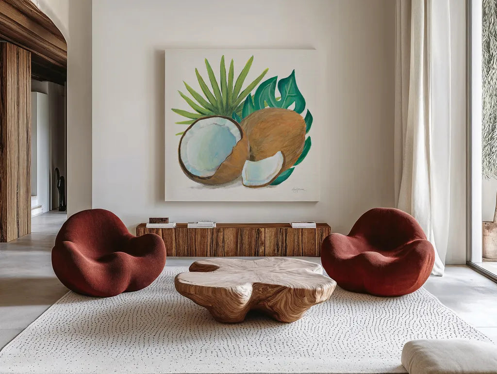 Coconut Palm V by Mary Urban. Shown as extra-large giant wall art in a modern living room. Available as an archival giclee rolled canvas, fine art paper, or poster print. SKU 31640a.
