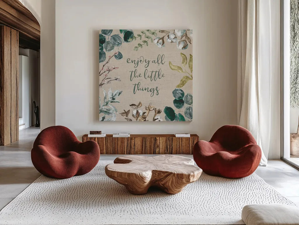 Cotton Bouquet V by Mary Urban. Shown as extra-large giant wall art in a modern living room. Available as an archival giclee rolled canvas, fine art paper, or poster print. SKU 62168a.