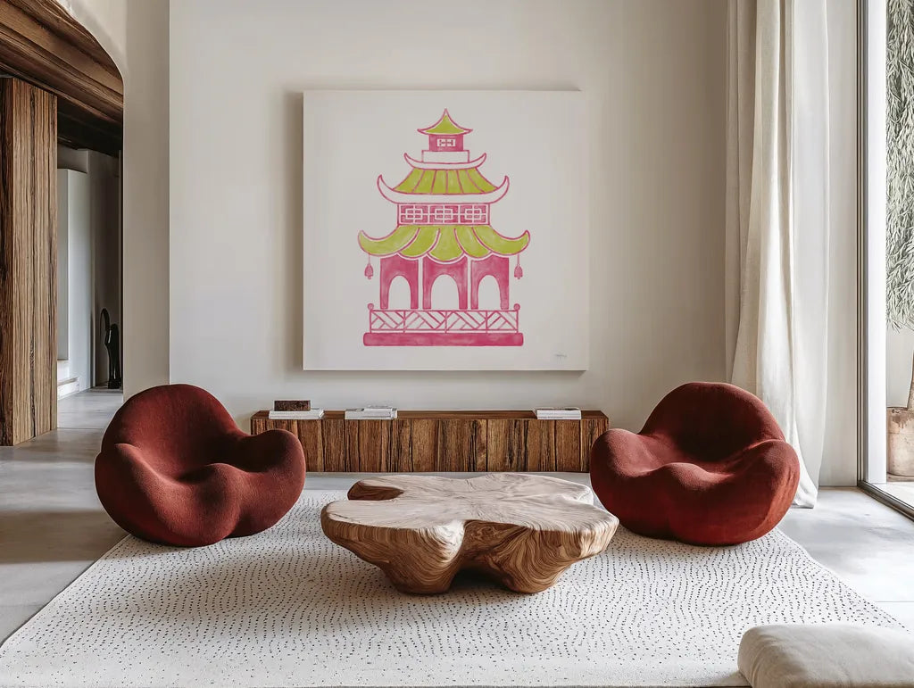 Everyday Chinoiserie IV Pink by Mary Urban. Shown as extra-large giant wall art in a modern living room. Available as an archival giclee rolled canvas, fine art paper, or poster print. SKU 55561a.