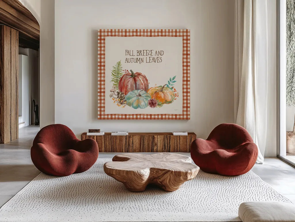 Fall Breezes by Mary Urban. Shown as extra-large giant wall art in a modern living room. Available as an archival giclee rolled canvas, fine art paper, or poster print. SKU 57888a.