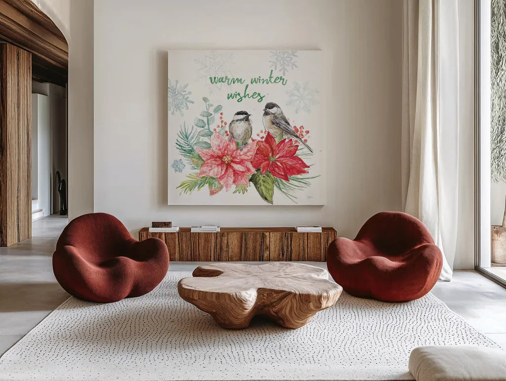 Festive Feathers IV by Mary Urban. Shown as extra-large giant wall art in a modern living room. Available as an archival giclee rolled canvas, fine art paper, or poster print. SKU 51433a.