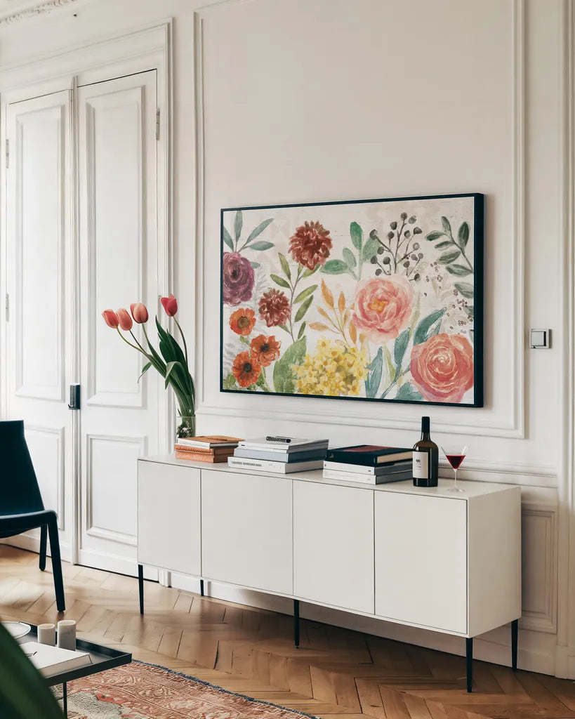 Flower Fest I by Mary Urban. shown as a framed stretched canvas in a living room above a console. Available as a archival giclee rolled canvas, fine art paper, or poster print. SKU 59084i.