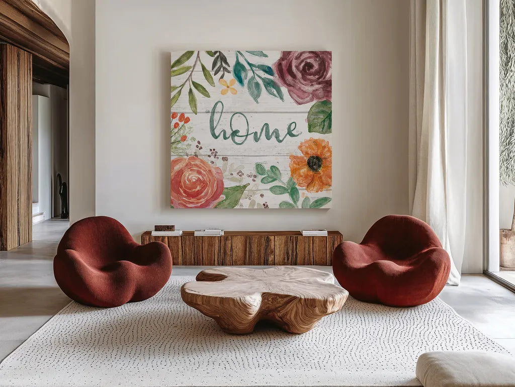 Flower Fest II by Mary Urban. Shown as extra-large giant wall art in a modern living room. Available as an archival giclee rolled canvas, fine art paper, or poster print. SKU 59085a.