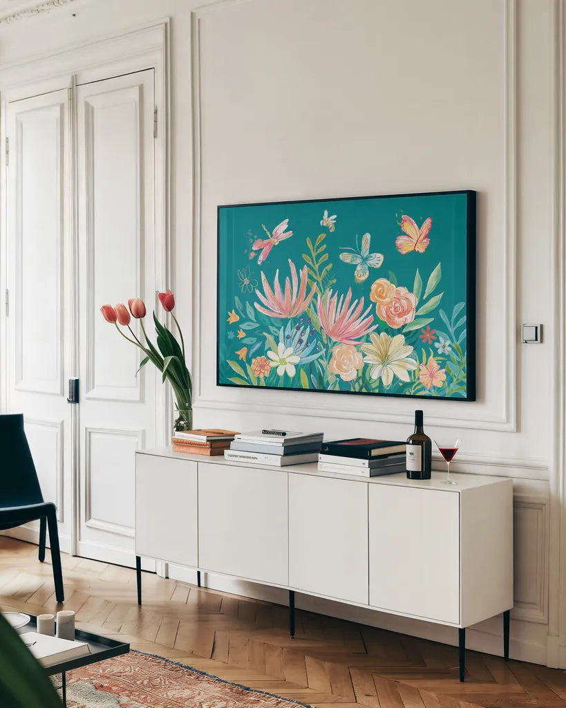 Flower Fun I Dark by Mary Urban. shown as a framed stretched canvas in a living room above a console. Available as a archival giclee rolled canvas, fine art paper, or poster print. SKU 82745i.
