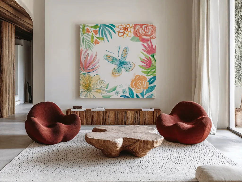 Flower Fun II by Mary Urban. Shown as extra-large giant wall art in a modern living room. Available as an archival giclee rolled canvas, fine art paper, or poster print. SKU 79602a.