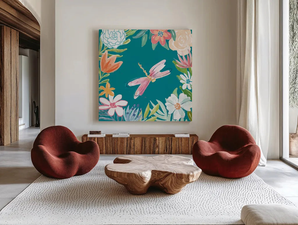 Flower Fun III Dark by Mary Urban. Shown as extra-large giant wall art in a modern living room. Available as an archival giclee rolled canvas, fine art paper, or poster print. SKU 82747a.