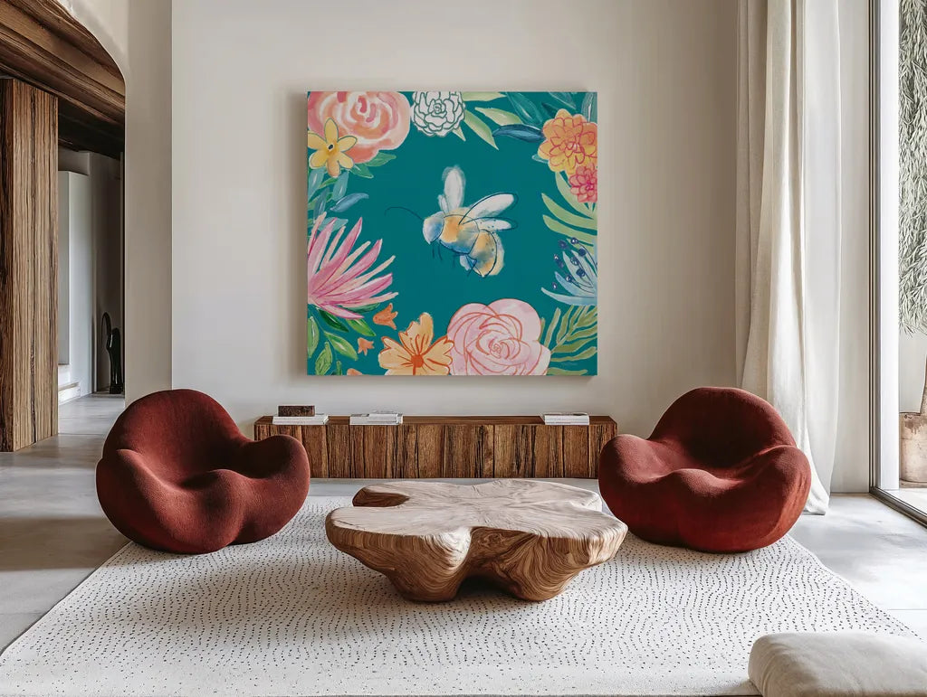 Flower Fun V Dark by Mary Urban. Shown as extra-large giant wall art in a modern living room. Available as an archival giclee rolled canvas, fine art paper, or poster print. SKU 82749a.