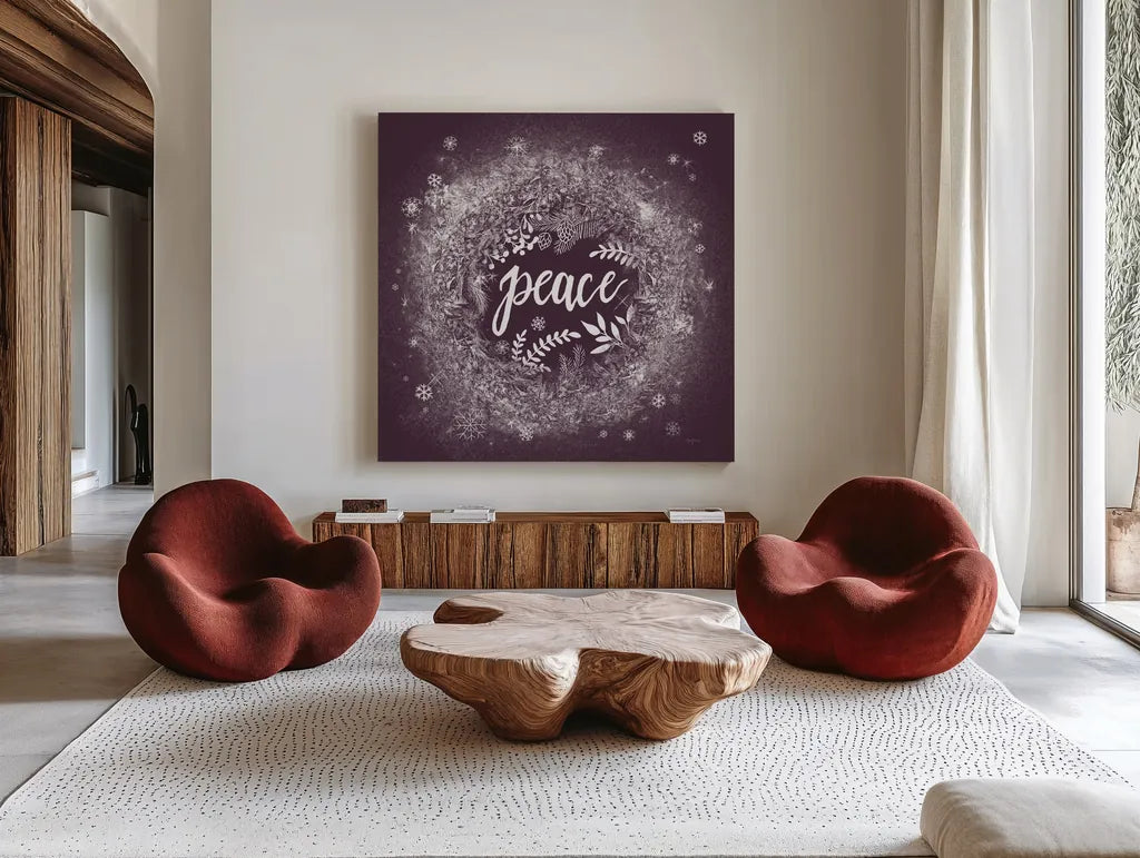 Frosty Peace Plum by Mary Urban. Shown as extra-large giant wall art in a modern living room. Available as an archival giclee rolled canvas, fine art paper, or poster print. SKU 65297a.