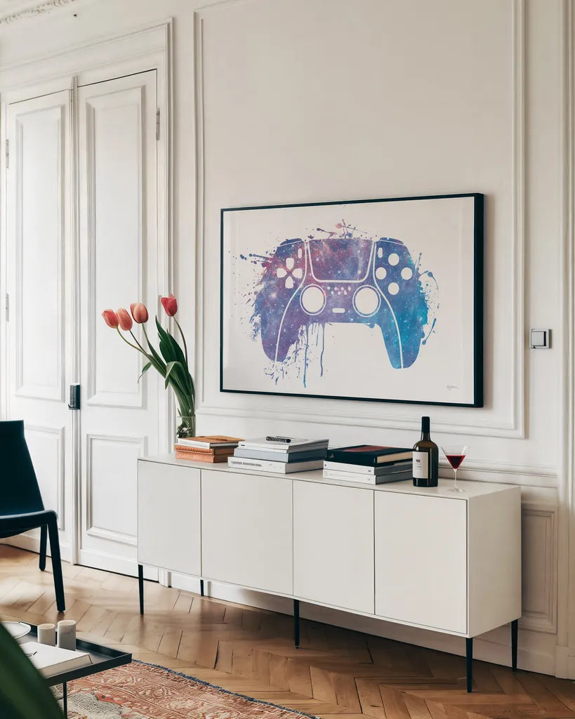 Gamer Splash II by Mary Urban. shown as a framed stretched canvas in a living room above a console. Available as a archival giclee rolled canvas, fine art paper, or poster print. SKU 83972i.