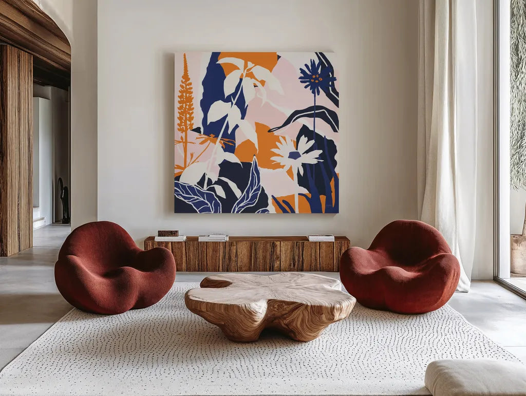 Happy Place II Blue by Mary Urban. Shown as extra-large giant wall art in a modern living room. Available as an archival giclee rolled canvas, fine art paper, or poster print. SKU 53679a.